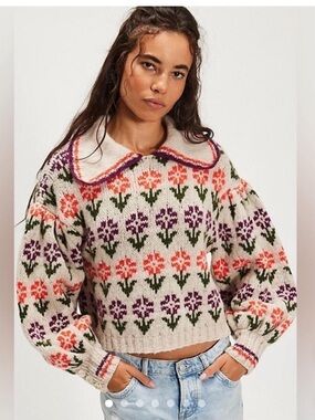 Free People Cream Floral Knit Sweater with Purple & Coral Accents